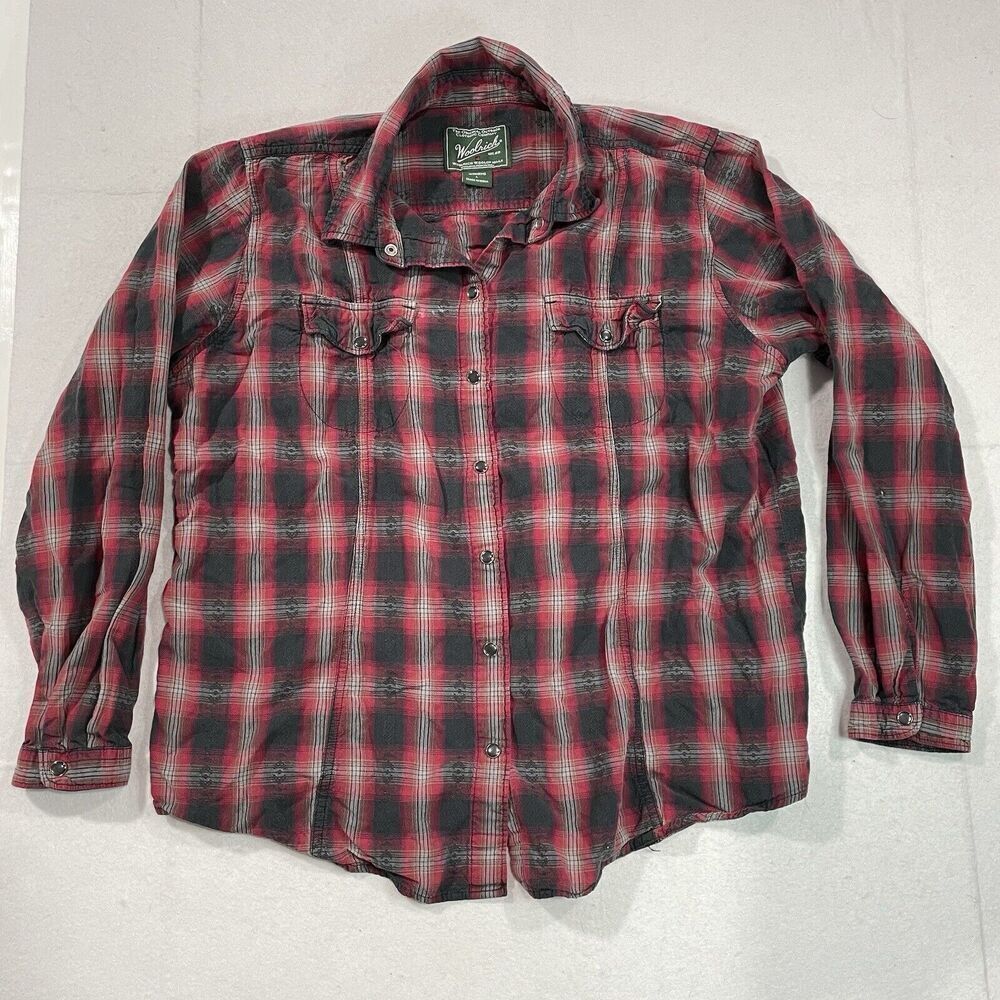 Woolrich Shirt Women Large Red Western Pearl Snap Plaid‎ Long Sleeve Outdoor